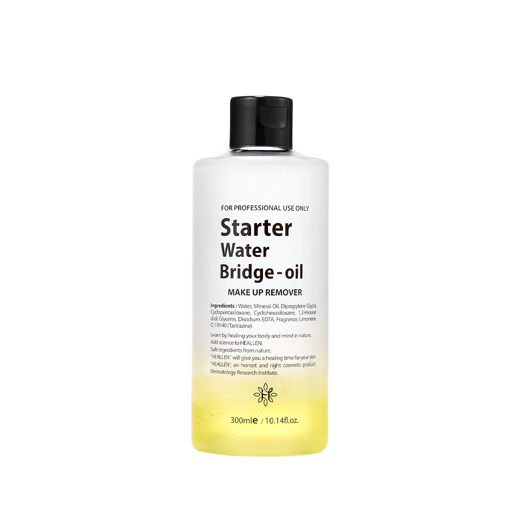 A 300ml bottle of Bridge Oil Starter Water Bridge-oil makeup remover, featuring a white bottle with a black cap and a yellow gradient at the bottom, set against a plain white background.